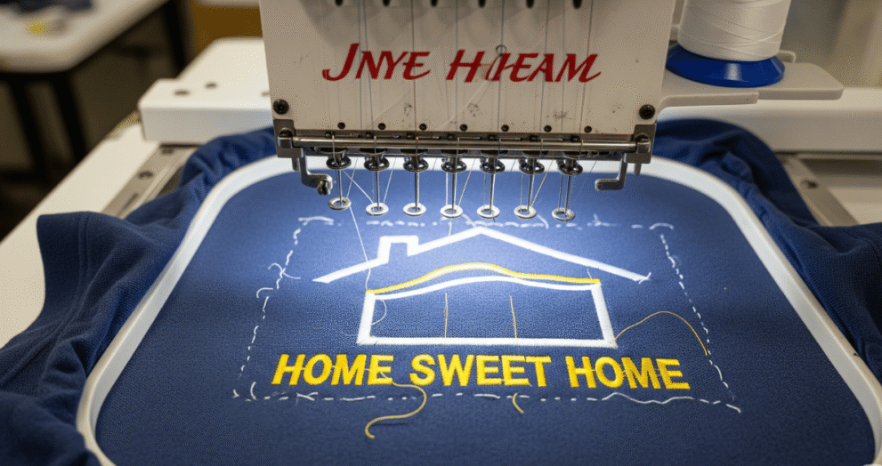 embroidery machine working on a logo using cheapest digitizing services