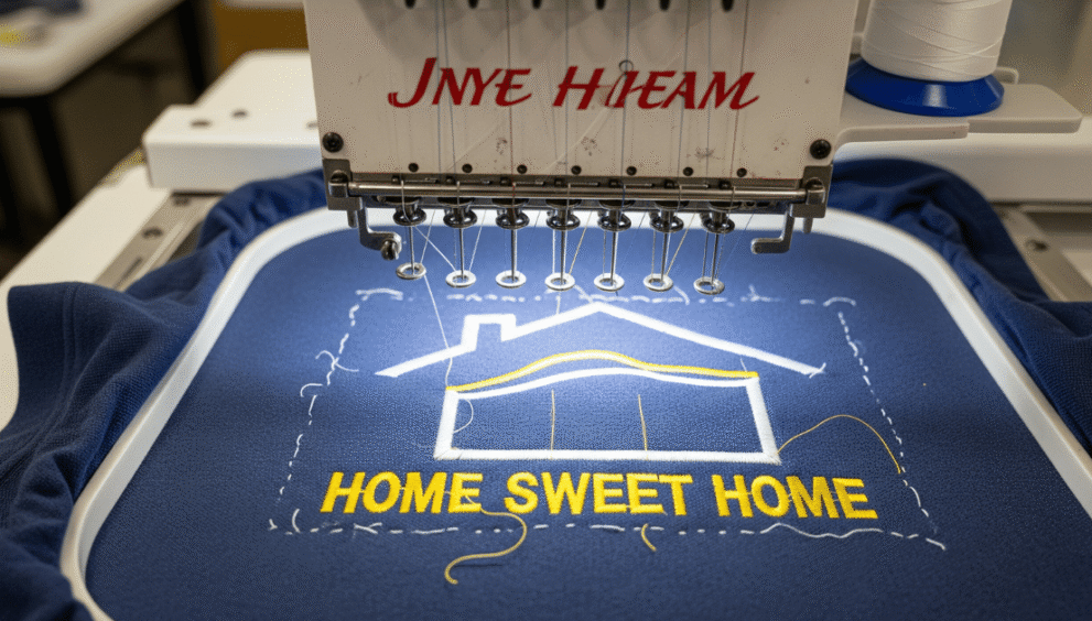 embroidery machine working on a logo using cheapest digitizing services