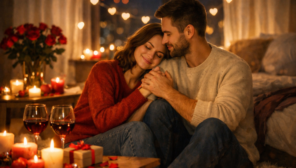 A couple sitting close together on the floor in an intimate, candlelit setting. The woman in a burgundy sweater leans her head on the man's shoulder as they hold hands. The romantic scene includes red roses, wine glasses, scattered rose petals, candles, and heart-shaped bokeh lights in the background.
