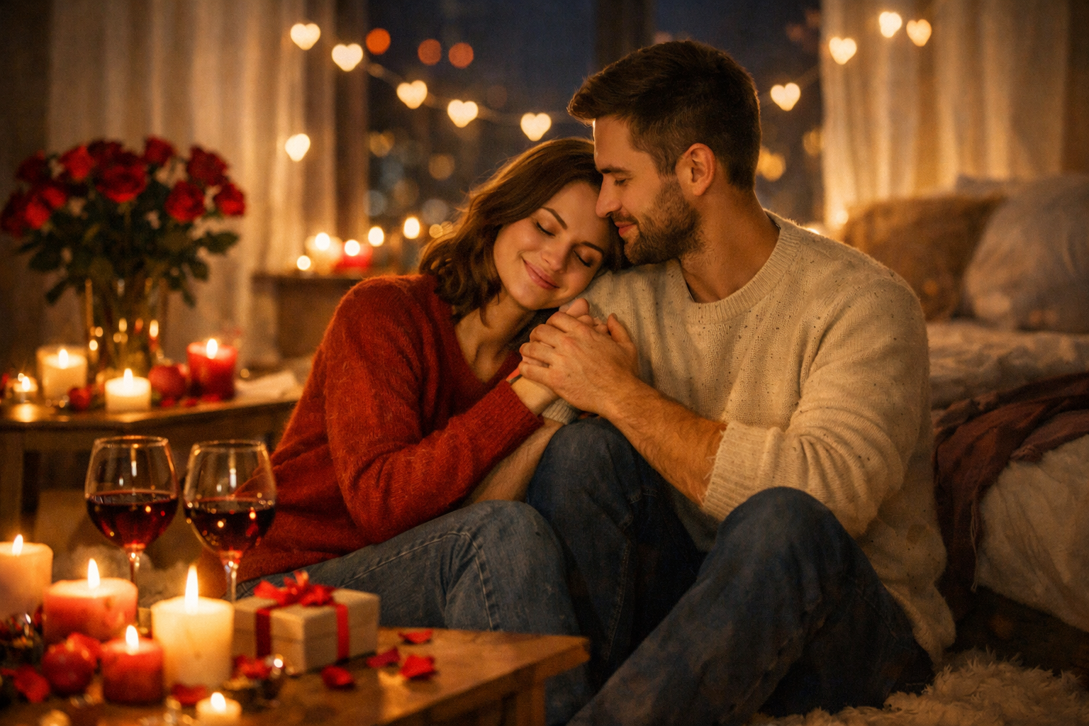 A couple sitting close together on the floor in an intimate, candlelit setting. The woman in a burgundy sweater leans her head on the man's shoulder as they hold hands. The romantic scene includes red roses, wine glasses, scattered rose petals, candles, and heart-shaped bokeh lights in the background.