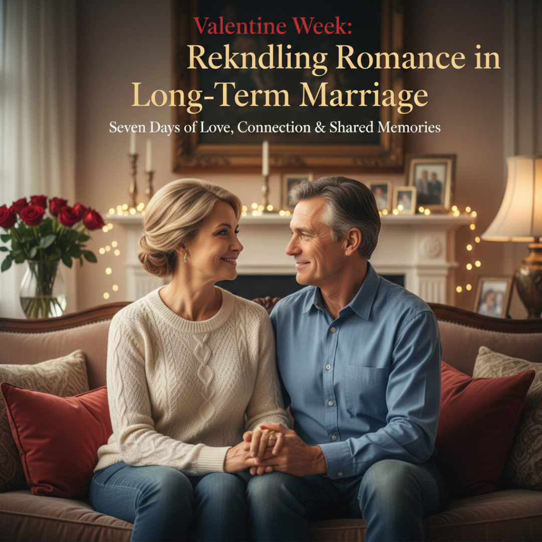 A mature couple sitting together on a beige sofa in an elegantly decorated living room. They're holding hands and smiling at each other, surrounded by warm candlelight. Red roses in a vase and framed family photos are visible in the background. Text overlay reads 'Valentine Week: Rekindling Romance in Long-Term Marriage - Seven Days of Love, Connection & Shared Memories.