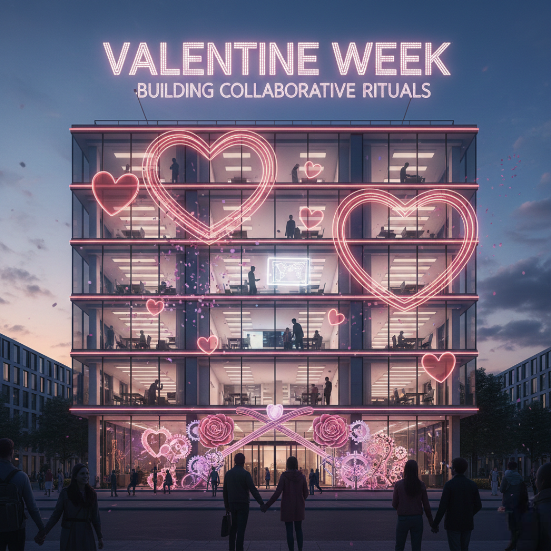 Architectural rendering of a modern glass office building illuminated at dusk with pink neon heart decorations on its facade. The text 'VALENTINE WEEK: BUILDING COLLABORATIVE RITUALS' appears at the top. 