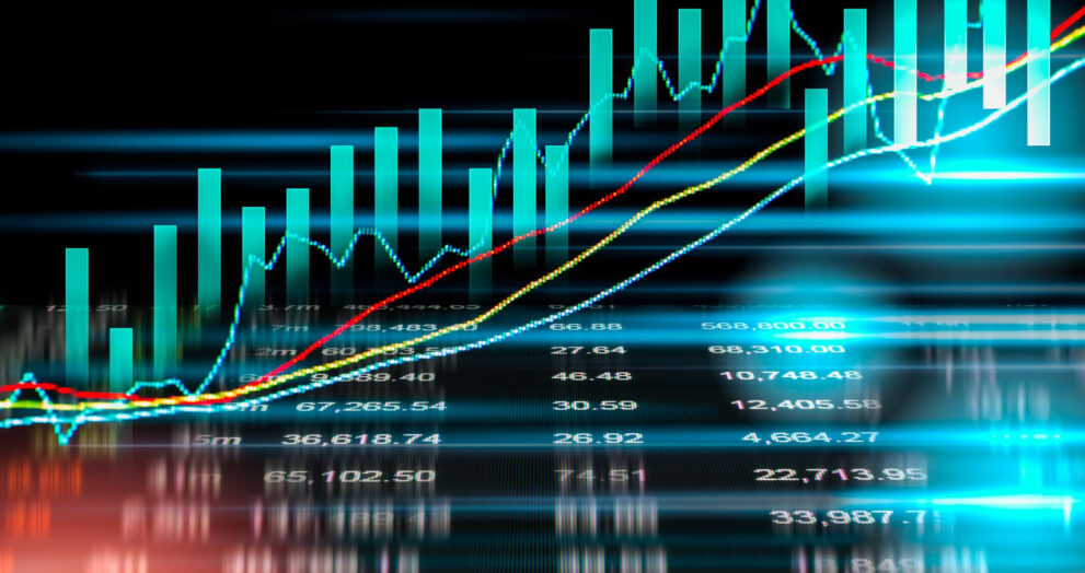 Forex market chart with rising trend lines and bar graphs.