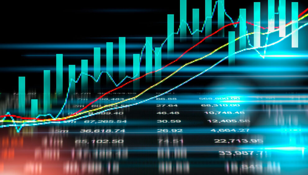Forex market chart with rising trend lines and bar graphs.