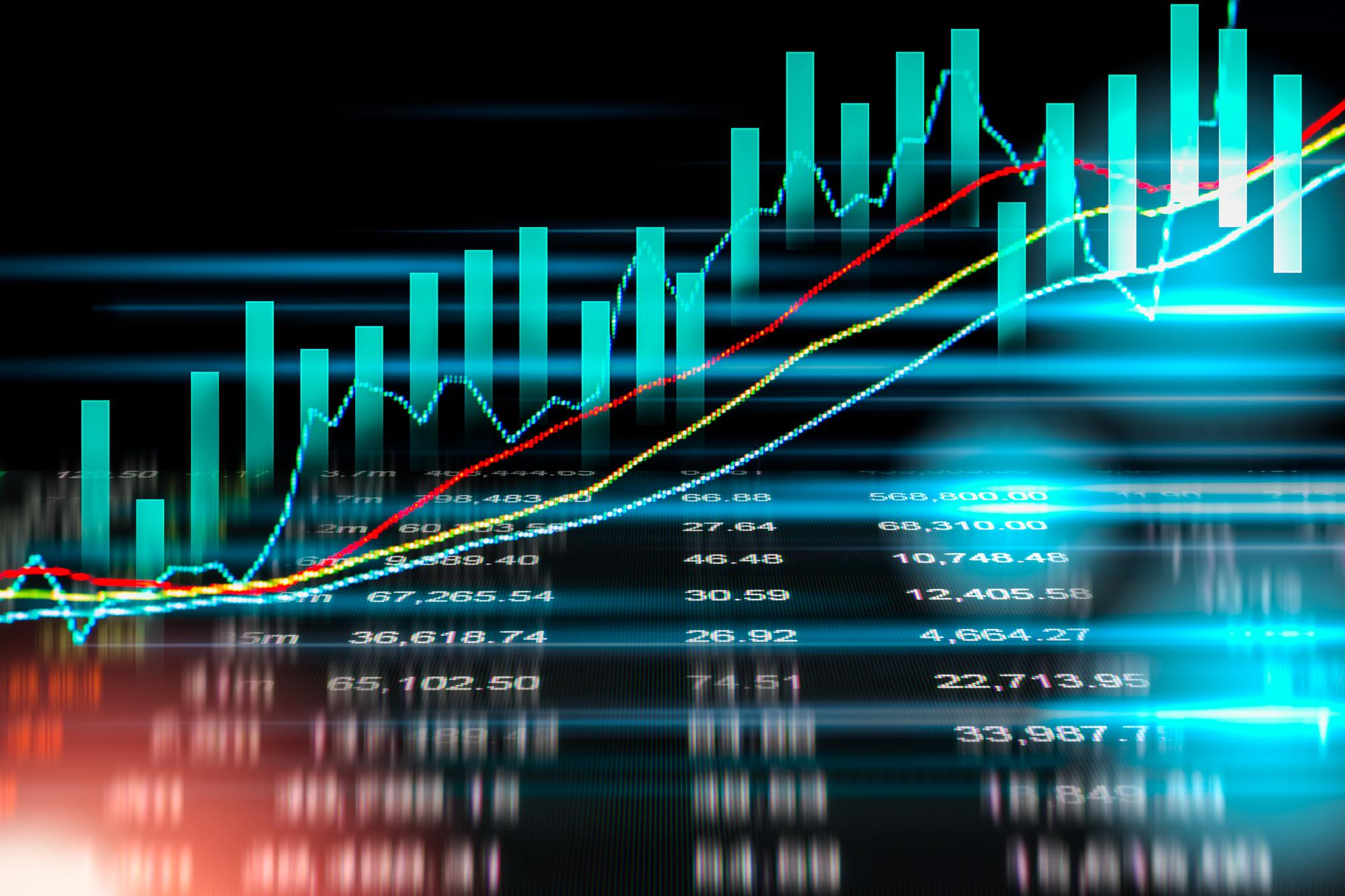 Forex market chart with rising trend lines and bar graphs.