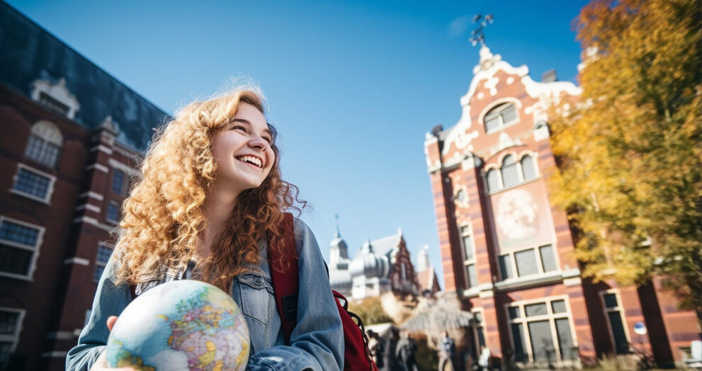 International student on a European university campus holding a globe, representing study abroad opportunities, higher education in Europe, and international student life.