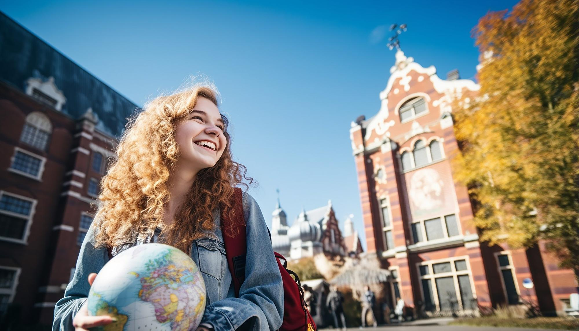 International student on a European university campus holding a globe, representing study abroad opportunities, higher education in Europe, and international student life.